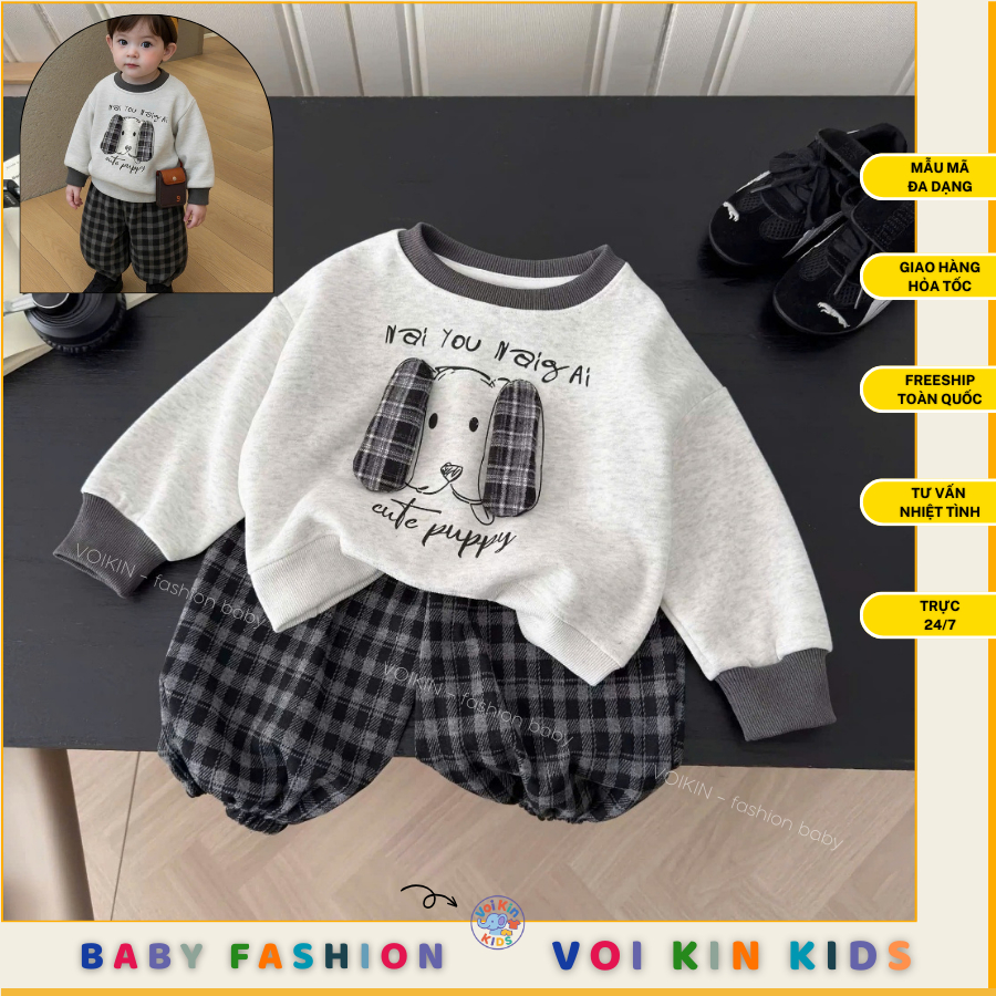 [kèm ảnh thật] Set áo nỉ ASK zuno dày dặn tai cún nổi kèm quần sọc caro đen xám dáng phồng đáng yêu 