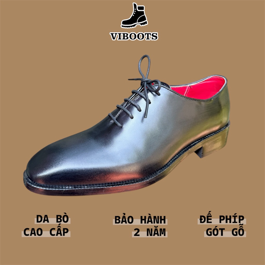 Giày Oxford Wholecut Formal Đế Đỏ Thương Hiệu Viboots Nam Da Bò Thật Đế Phíp Gỗ Cao Cấp Da Đen Bóng