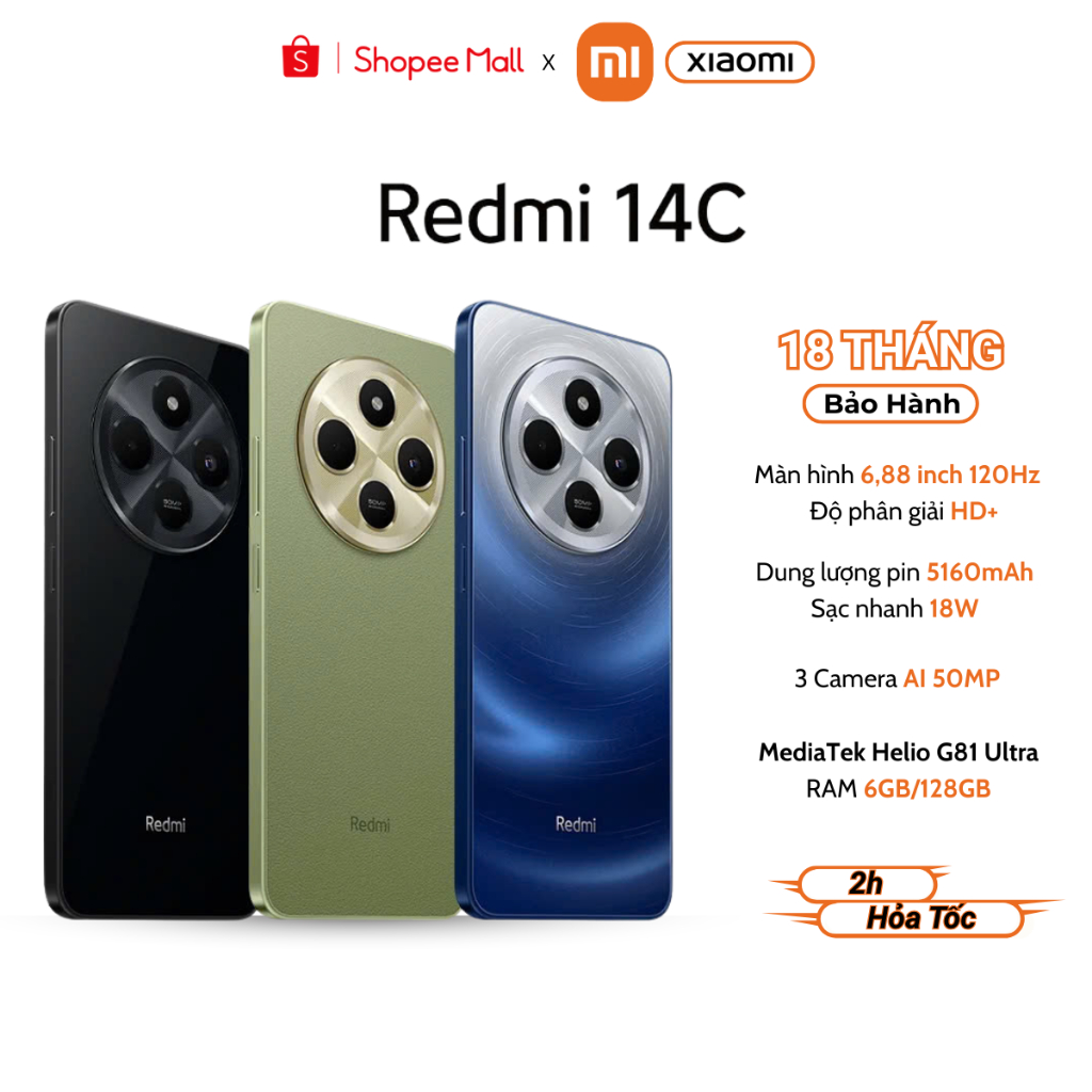 Điện thoại XIAOMI Redmi 14C 4/128GB - 6128GB - Hàng chính hãng bảo hành 18 tháng - [ Nguyên Seal ]