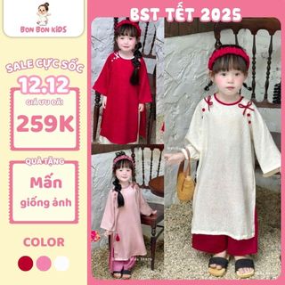  SIZE 10-40KG  Tặng Kèm Mấn Áo Dài Tết Bé Gái Lụa Hồng Gấm Trắng Phối Cúc Và Nơ Màu Trơn 