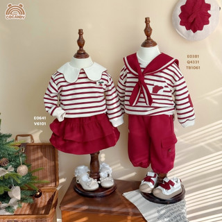  Set đôi cho bé COCANDY -Áo dài ĐỎ kẻ BE phối hình tất và Áo dài kẻ ĐỎ cổ sóng phối cherry E0381,E0641 