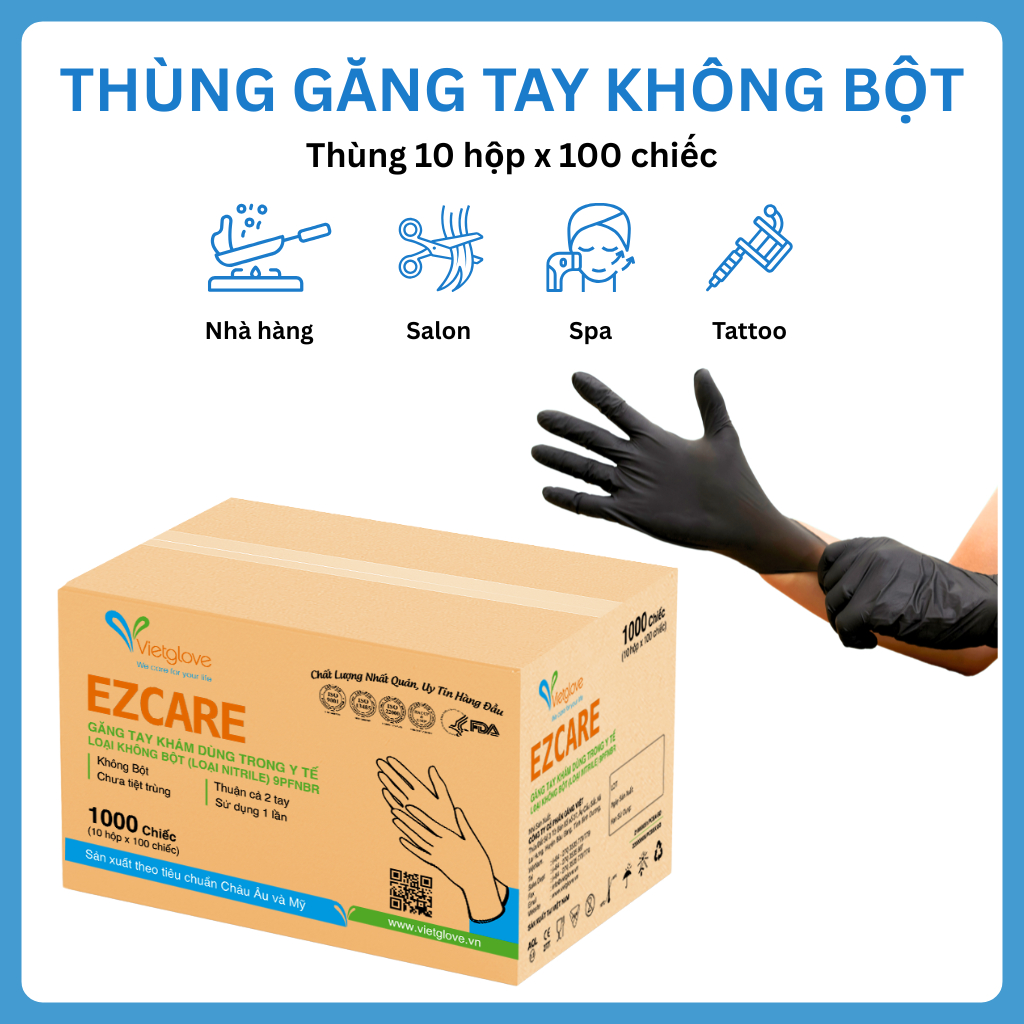 Thùng 10 Hộp Găng Tay VIETGLOVE Cao Su Y Tế Nitrile Không Bột EZCARE (1000 Chiếc) - Chính Hãng