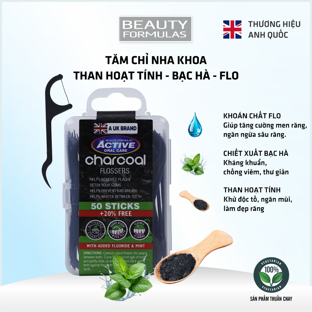 Tăm chỉ nha khoa Beauty Formulas Anh Quốc Than hoạt tính, Chống Viêm, Vệ sinh răng miệng ,Hộp 60 cây