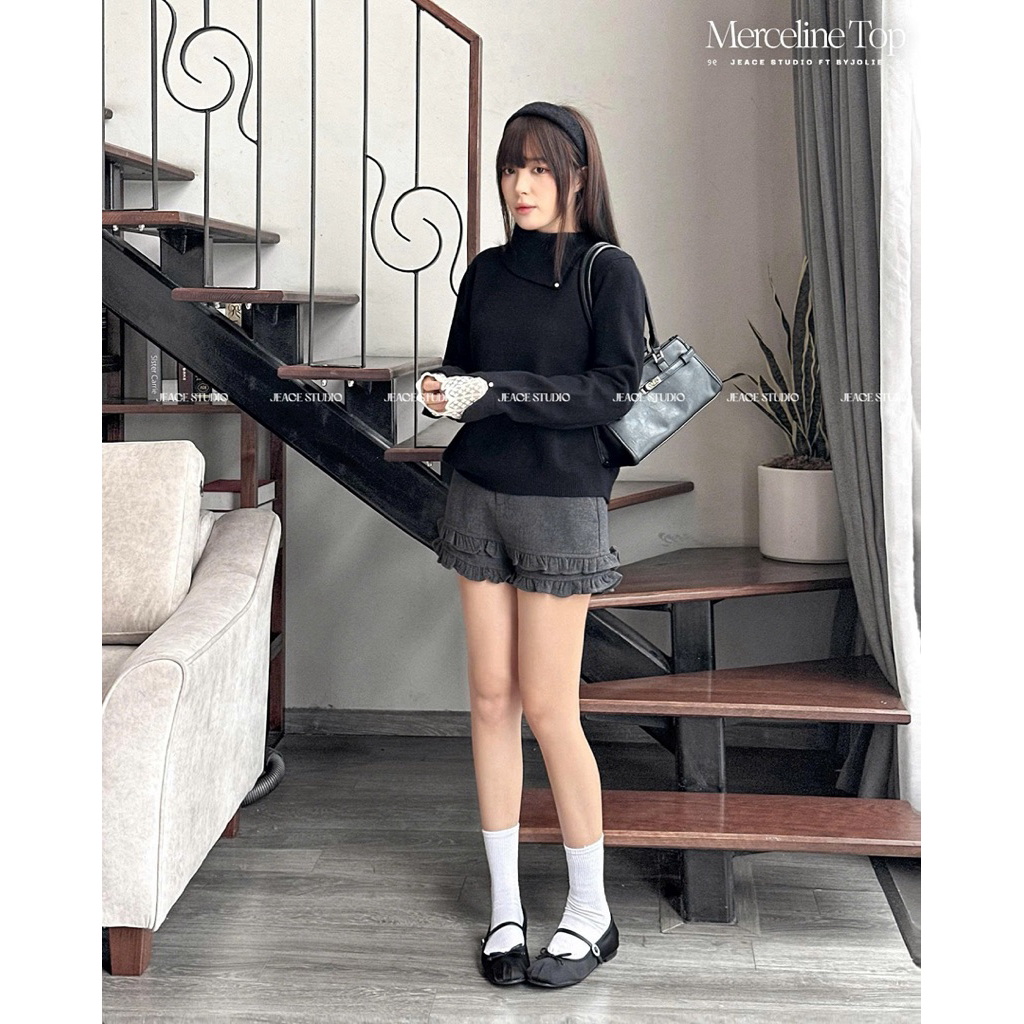 Áo len Marceline cổ lệch phối ren basic Hàn Quốc, tối giản sang xịn Jeace studio