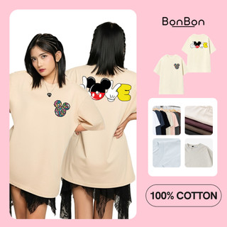 Áo thun tay lỡ Mickey Love nam nữ form rộng 100% cotton co giãn 2 chiều BonBon - AHMK14