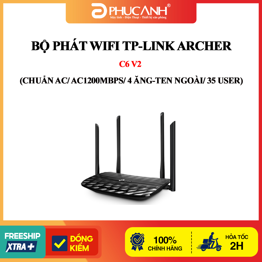 Bộ phát wifi TP-Link Archer C6 V2 (Chuẩn AC/ AC1200Mbps/ 4 Ăng-ten ngoài/ 35 User)