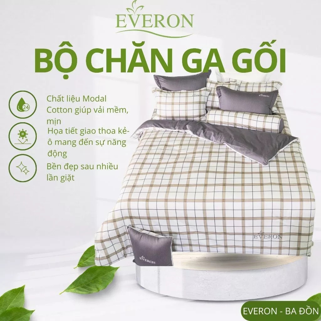 Bộ Chăn Ga Gối Everon EPC22056 Cotton Cao Cấp Mềm Mại, Thoáng Khí, Nhiều Kích Thước, Bộ Ga Chăn Gối 