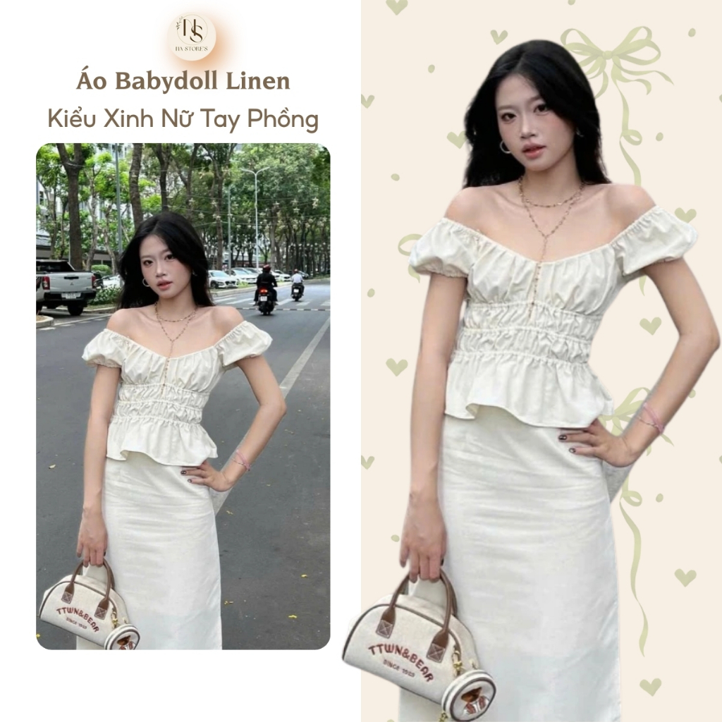 ALICIA TOP - Áo Babydoll Linen Kiểu Xinh Nữ Tay Phồng Tiểu Thư Chun Eo Mùa Hè Na Store's - P189