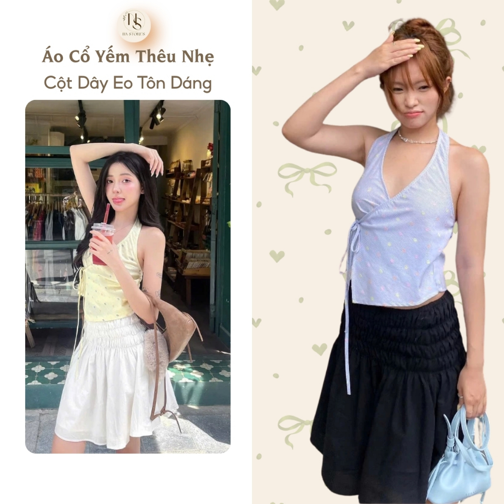 Áo Cổ Yếm Thêu Nhẹ Cột Dây Eo Tôn Dáng PILA TOP by Na Store's - P156