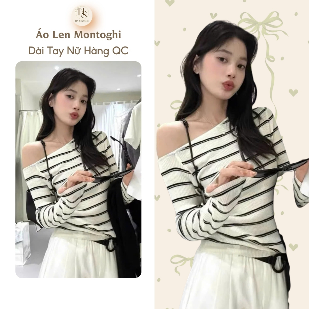Áo Len Montoghi Kẻ Lệch Vai Dài Tay Nữ Hàng QC Na Store's - P171