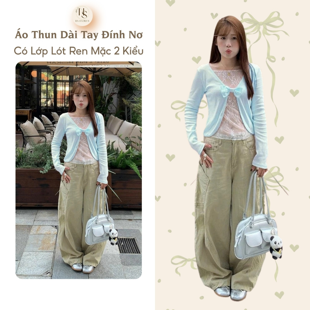 Áo Thun Dài Tay Đính Nơ Có Lớp Lót Ren Mặc 2 Kiểu Na Store's - P228
