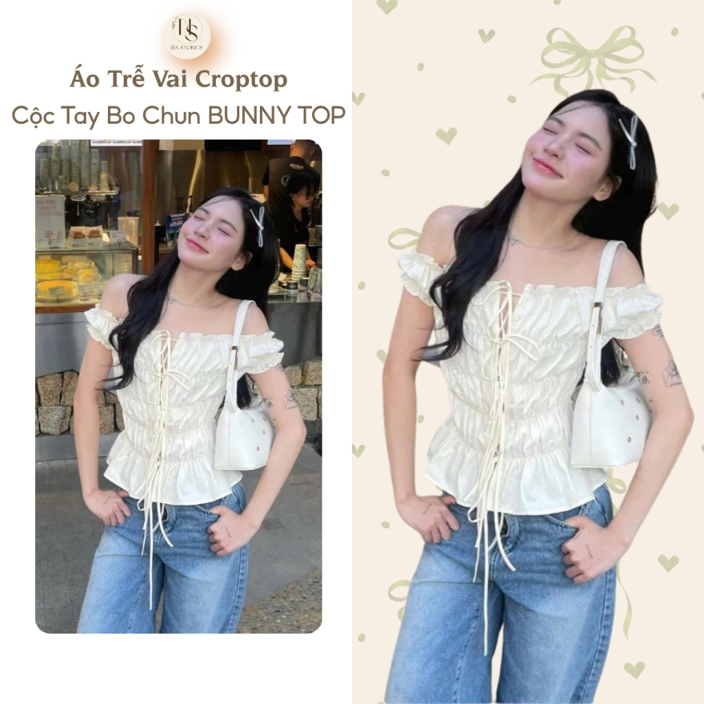 Áo Trễ Vai Croptop Cộc Tay Bo Chun BUNNY TOP Buộc Dây Mặc Được 2 Kiểu Na Store’s - P76