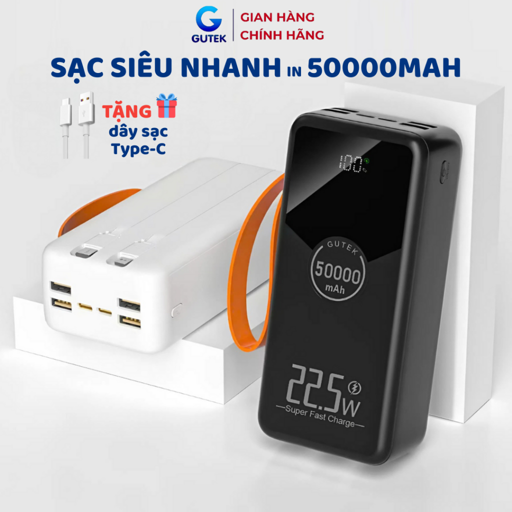 Pin Sạc dự phòng dung lượng 50000mAh Gutek GT230 sạc nhanh 22,5W có dây cắm sạc nhiều điện thoại | BigBuy360 - bigbuy360.vn