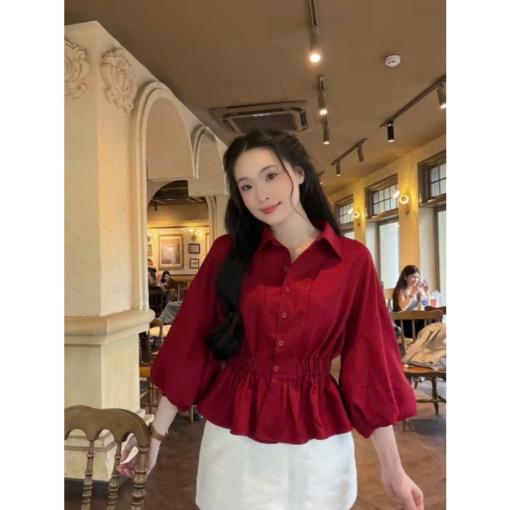 Áo sơ mi nữ đũi Hàn Quốc bo eo lưng chun, tay bồng trẻ trung
