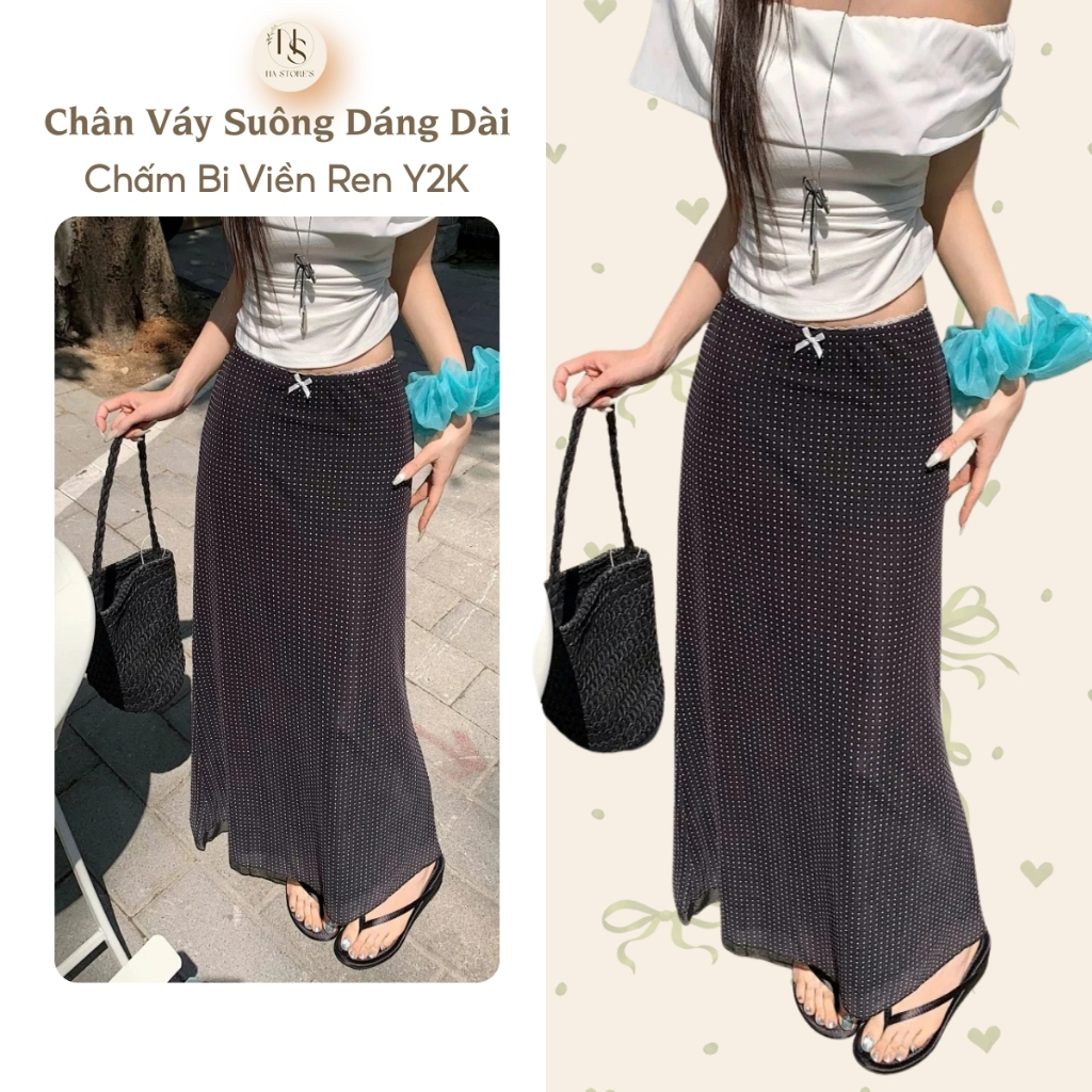 Chân Váy Suông Dáng Dài Chấm Bi Viền Ren Y2K Voan 2 Lớp Tôn Dáng Na Store’s - P141