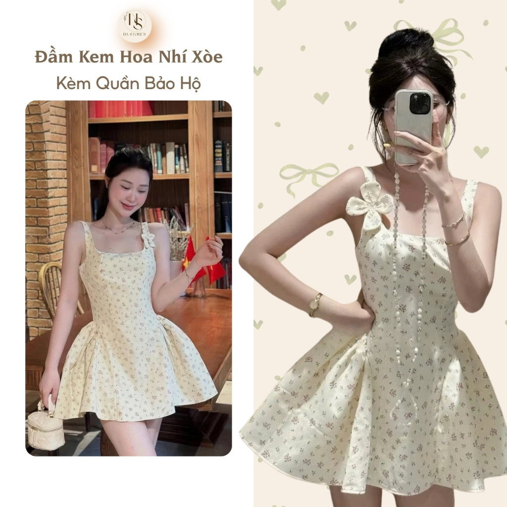 Đầm Kem Hoa Nhí Xòe Bồng Đính Hoa Kèm Quần Bảo Hộ Na Store's - P161