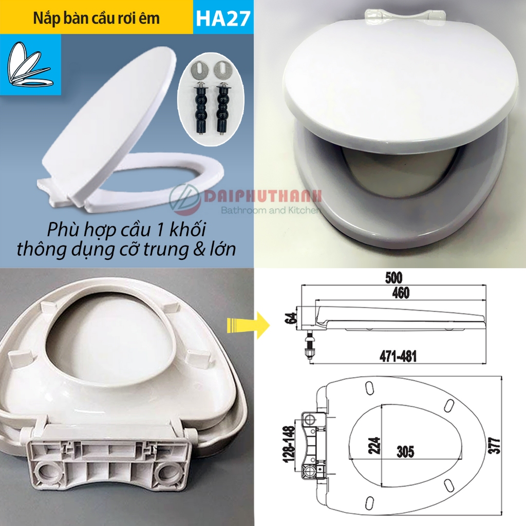 Nắp Bồn Cầu 1 Khối Rơi Êm Chống Ồn HA11 HA27 - Nhựa ABS cao cấp Kèm phụ kiện lắp đặt