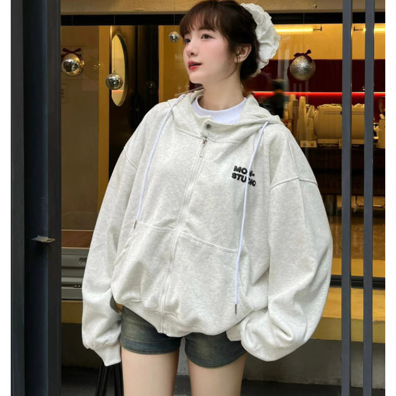 Áo khoác hoodie zip BOXY Mon Studio có nút bấm, dập nổi, in nổi ,có túi trong UNISEX NAM NỮ