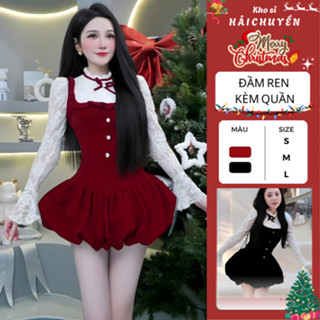   GIÁNG SINH  Đầm ren nhung form ngắn tùng bí tay dài KÈM QUẦN Kho sỉ Hải Chuyền Đ002 