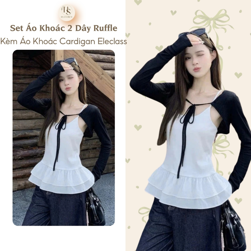 Set Áo Khoác 2 Dây Ruffle Kèm Áo Khoác Cardigan Eleclass Na Store's - P200