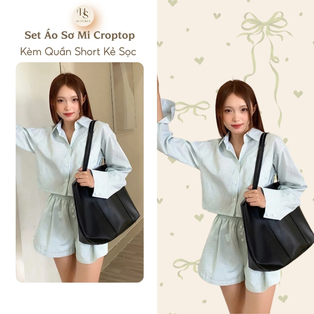 Set Áo Sơ Mi Croptop Dài Tay Kèm Quần Short Kẻ Sọc Lưng Chun Màu Pastel Na Store’s - P96