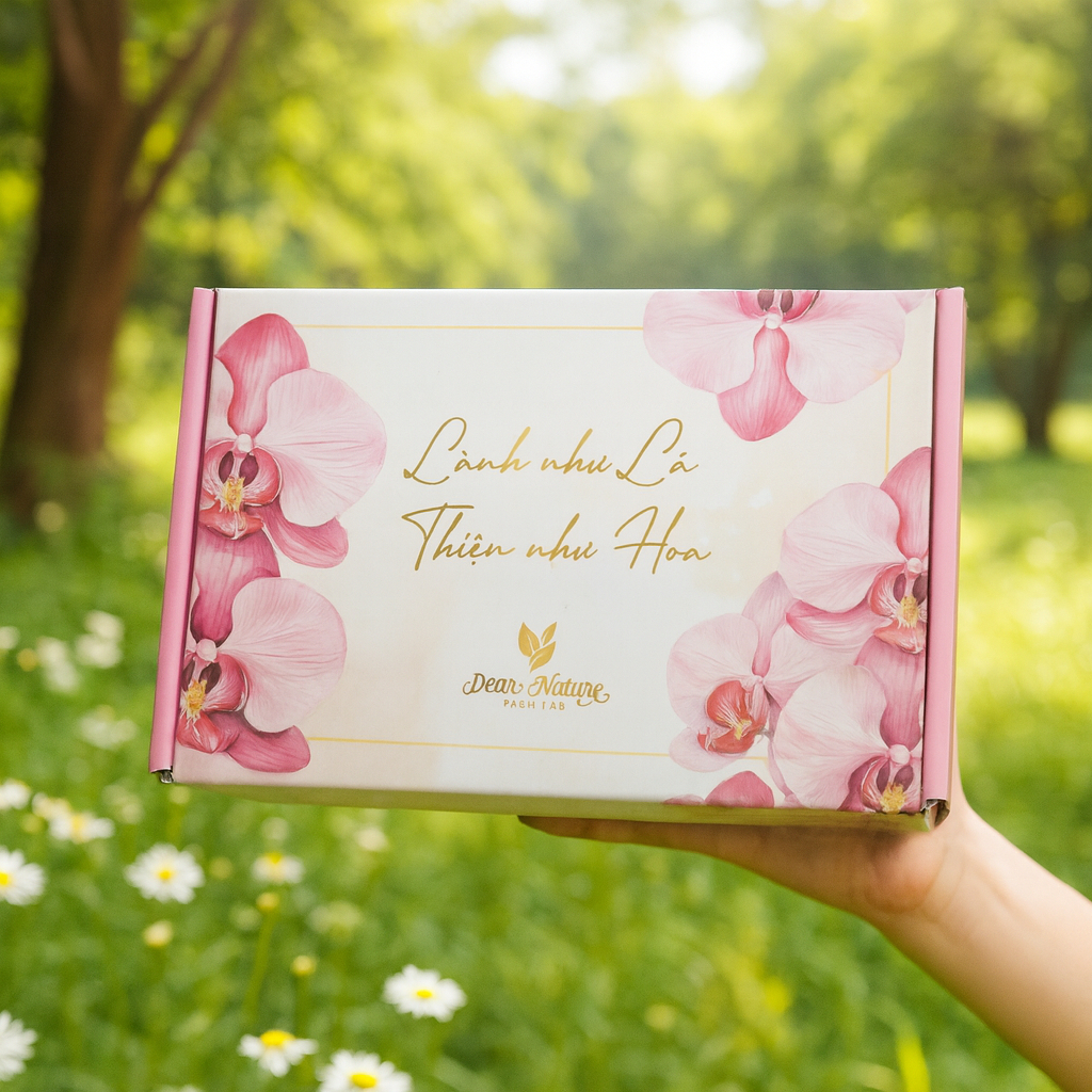 Hộp quà tặng Dear Nature tặng kèm thiệp lời chúc, giấy lót quà