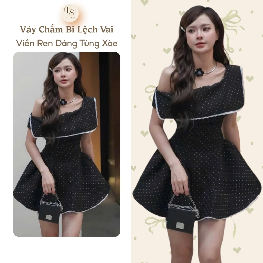 Váy Chấm Bi Lệch Vai Viền Ren Dáng Tùng Xòe Tiểu Thư Na Store's - P183