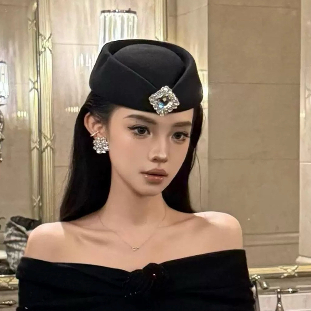 Nón - Mũ nồi nhỏ ĐÍNH ĐÁ Hepburn Style Công Nương tiếp viên hàng không phong cách cổ điển sang trọng