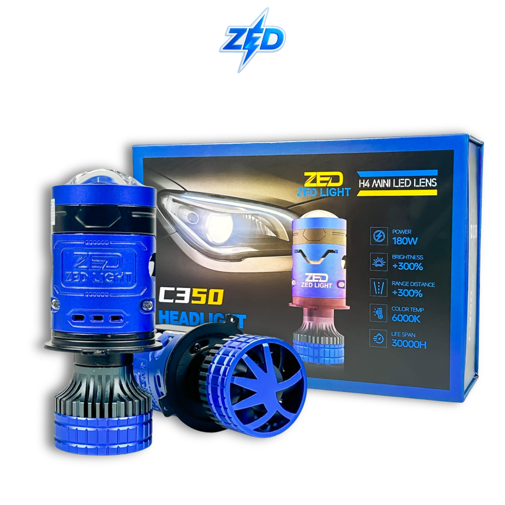 ZED LIGHT Đèn Pha LED Bi Cầu Mini C350 Chân H4 180W 30000LM 6000K & Trợ Pha Laser Vàng 4300K Tuổi Th