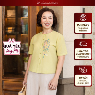 M COLLECTION | Áo Kiểu Nữ Trung Niên Tặng Mẹ Bà Linen Thêu Hoa Hè Cài Nút Cổ Tròn Tay Ngắn A12472 