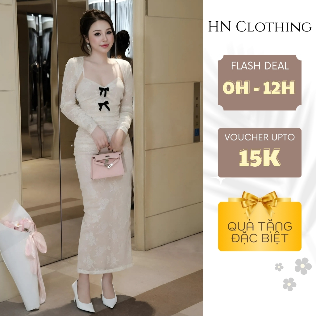 Đầm body ren dài tay ôm dáng quyến rũ phối nơ đen sang trọng dự tiệc, hẹn hò HN Clothing V352