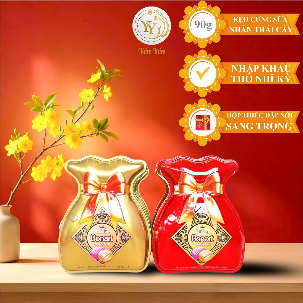 Kẹo Cứng Sữa Trái Cây King Henry Bonart 90g - Hộp Thiếc Hình Túi Tài Lộc Dập Nổi Đẹp Mắt
