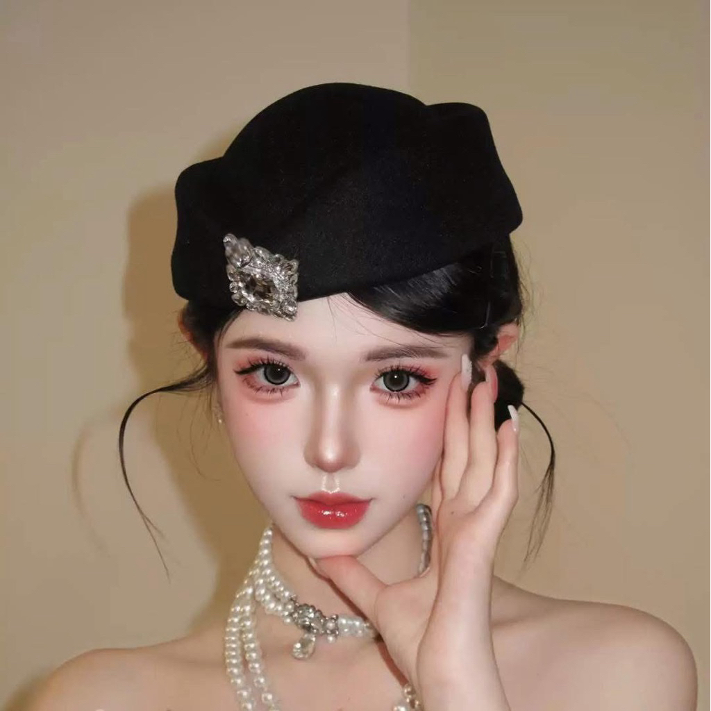Nón - Mũ nồi nhỏ Hepburn Style ĐÍNH ĐÁ Công Nương tiếp viên hàng không phong cách cổ điển sang trọng lãng mạn