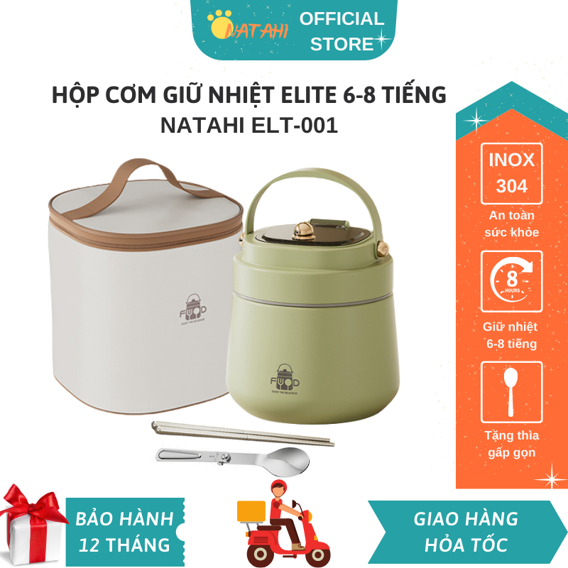 Hộp cơm giữ nhiệt 6-8 tiếng Elite Food NATAHI ELT-001 Inox 304 cao cấp, dung tích 1.2L, tặng kèm Túi