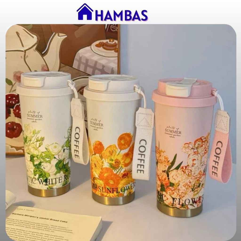 HAMBAS Cốc nước giữ nhiệt Lason Garden SUMMER có quai xách, Cốc giữ nhiệt hai lớp 530ml