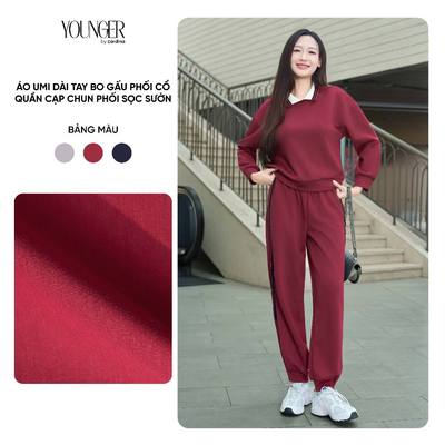 Đồ bộ nữ CARDINA  tách sét vải umi áo dài tay phối cổ đức và quần dài bo gấu 5YANF35, 5YQDT35