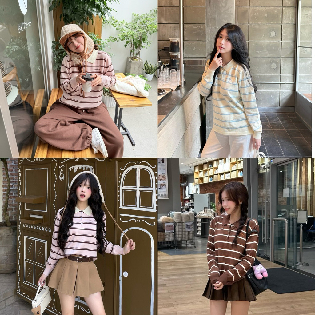 [ CÓ SẴN ] NAVIE TOP - Áo sweater polo len kẻ sọc ngang thêu chữ