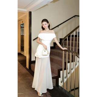   CÓ BIGSIZE Đầm trễ vai xếp ly hoa hồng tùng váy đuôi cá Mixiz House trắng đen 