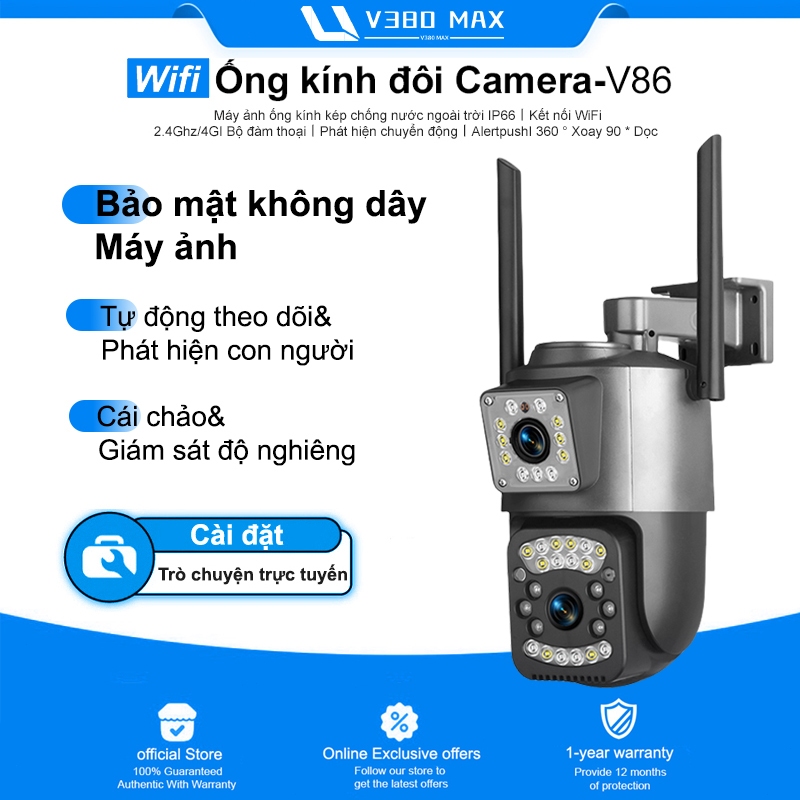 Camera 2 mắt Ngoài trời chống nước 360 trong nhà an ninh IP ống kính kép V380 Max 1080P HD Máy ảnh