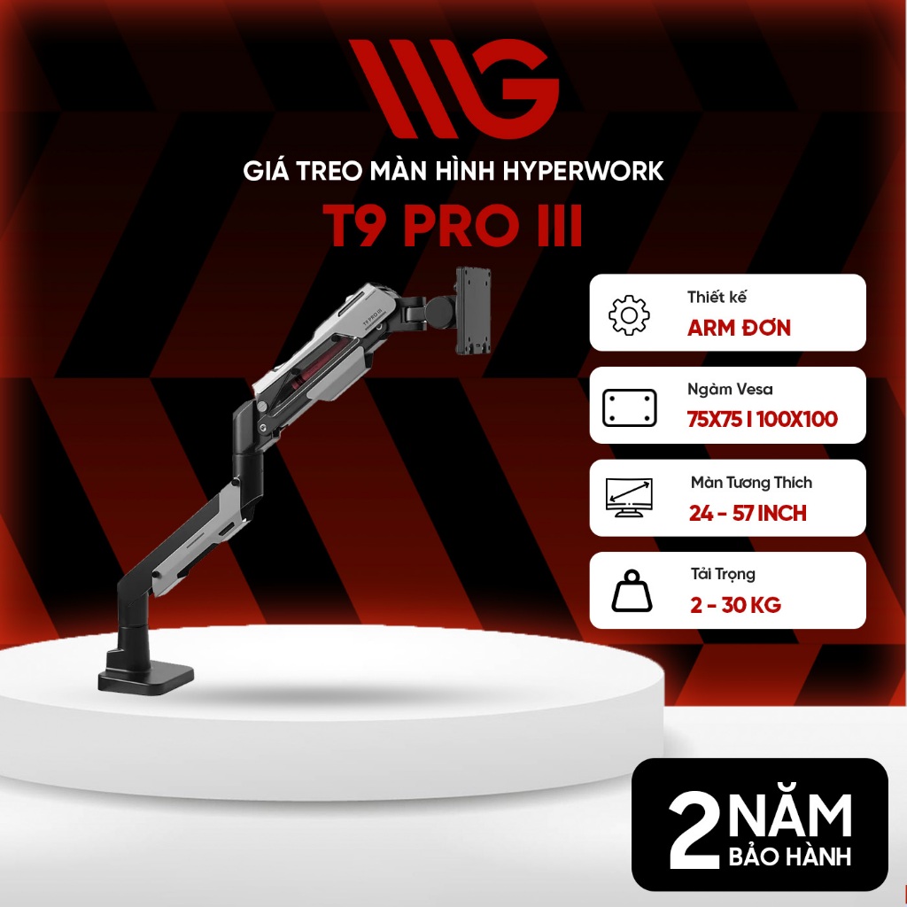 Giá đỡ màn hình HyperWork T9 Pro III tải trọng 30kg hỗ trợ VESA 24–57 inch - Bảo hành 24 tháng