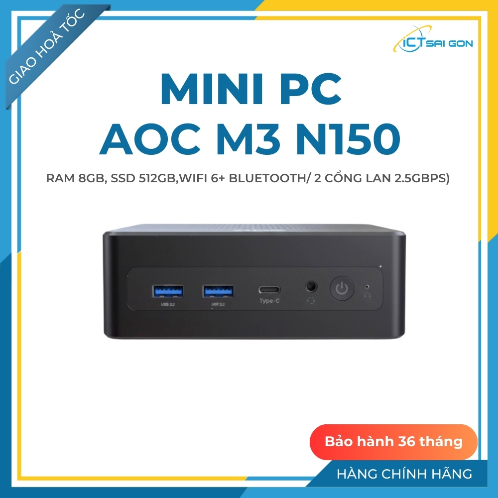 Mini PC AOC Moss M3 N150 Custom (8GB DDR4/ 512GB M.2 / WIFI 6+ Bluetooth/ 2 cổng LAN 2.5Gbps)