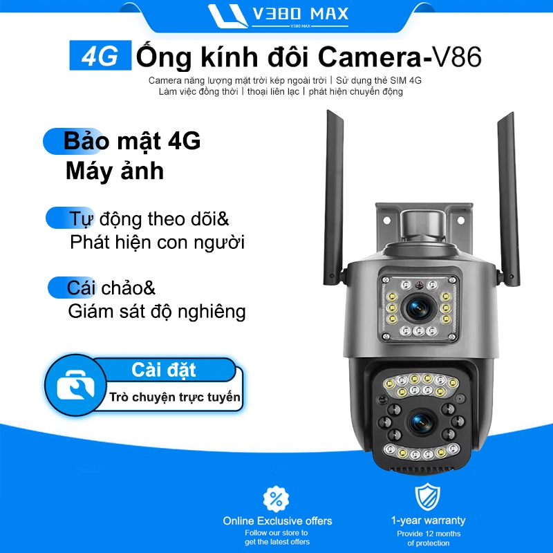 V380 Max Dual Lens camera V86 quan sát camera giám sát không dây ngoài trời 4G camera an ninh Wifi I