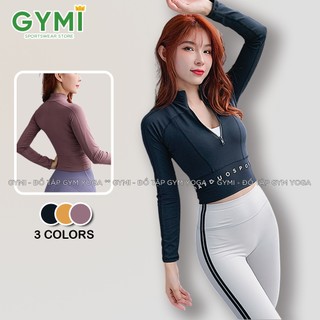  Áo tập gym yoga nữ dài tay GYMI AD13 dáng croptop thể thao có khoá kéo chất thun poly mịn mát co giãn 