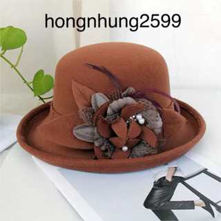 Mũ Dạ vành cuộn  gắn nơ lông vũ