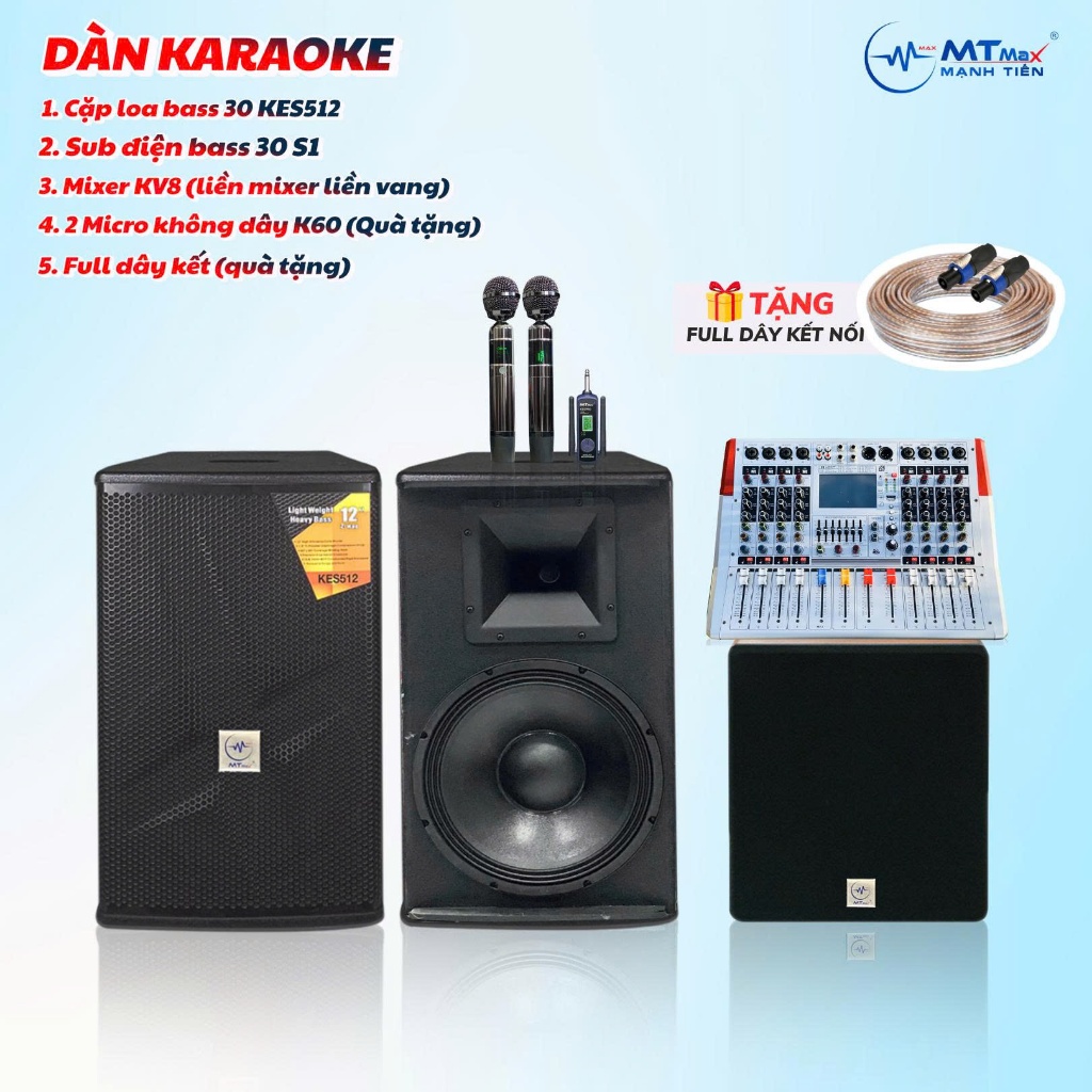 Combo loa dàn cho gia đình MTMAX - Cặp loa bass30 + sub điện bass 30 + mixer KV8 Tặng micro K60 pro
