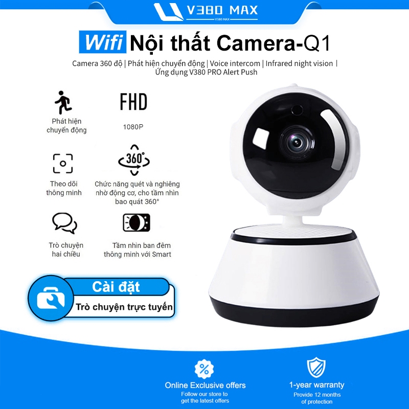 V380 Max Q1 CCTV Kết nối WiFi Camera an ninh nhà thông minh IP Camera Baby/Pet/Nanny HD 1080P Máy ảnh