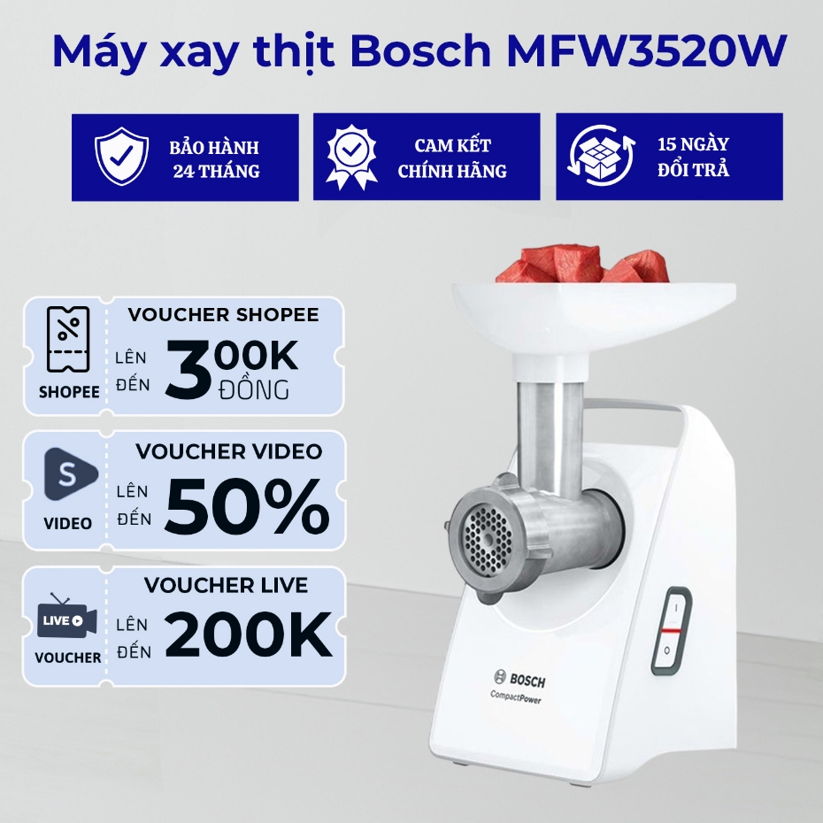 Máy xay thịt BOSCH MFW3520W - Hàng Chính Hãng - Bảo Hành 24 Tháng