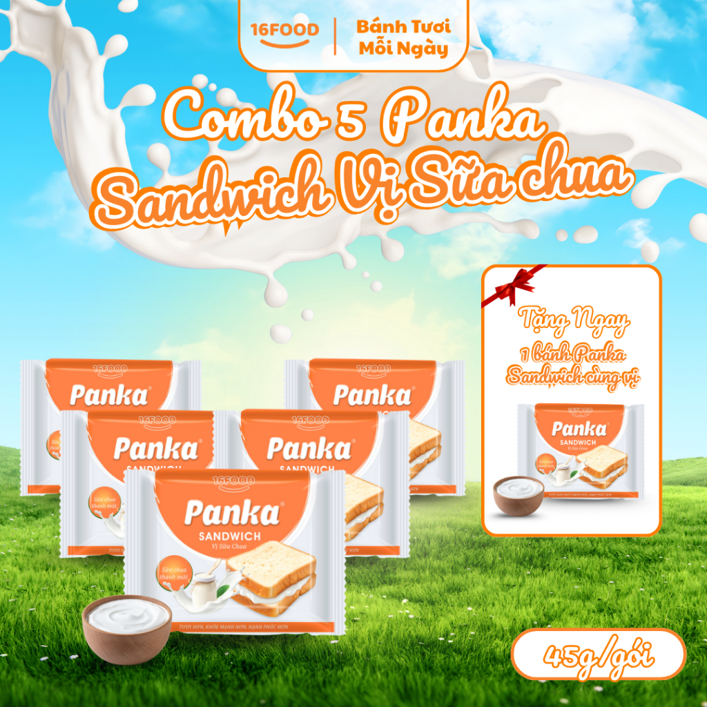 [ Combo 5 Tặng 1 Cùng Loại ] Bánh Panka Sandwich Nhân Sữa Chua 45g/gói - Ăn Sáng, Bữa Phụ | 16FOOD