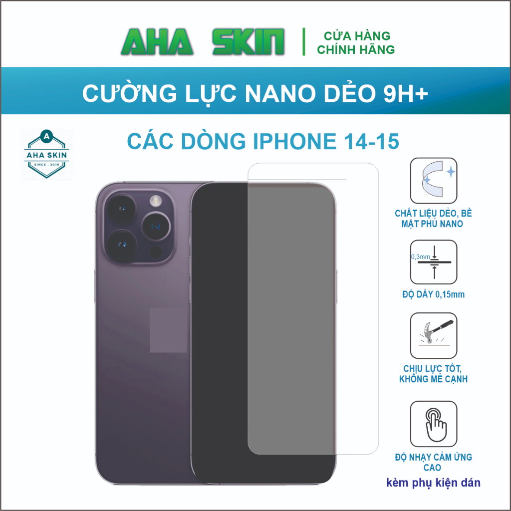 Dán cường lực Iphone 14/14Pro/14Plus/14Promax/15/15pro/15Plus/15Promax, Cường lực dẻo 9h+