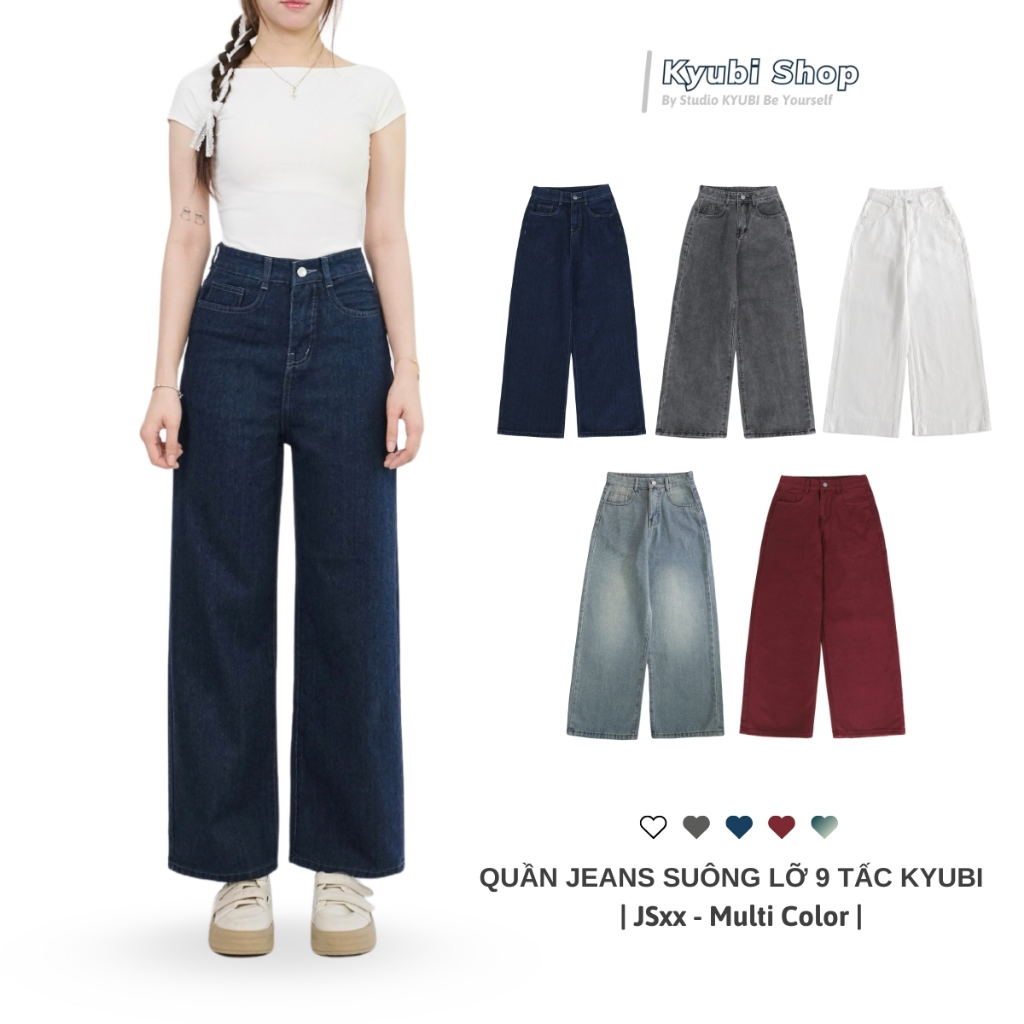 Quần jeans ống rộng 9 tấc cao dáng cho Nấm Lùn chất liệu màu dark blue (có…